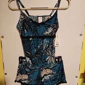 NWT Women's S(4-6) Secret Treasures Cami Pajama Tropical Teal Black Top Shorts
